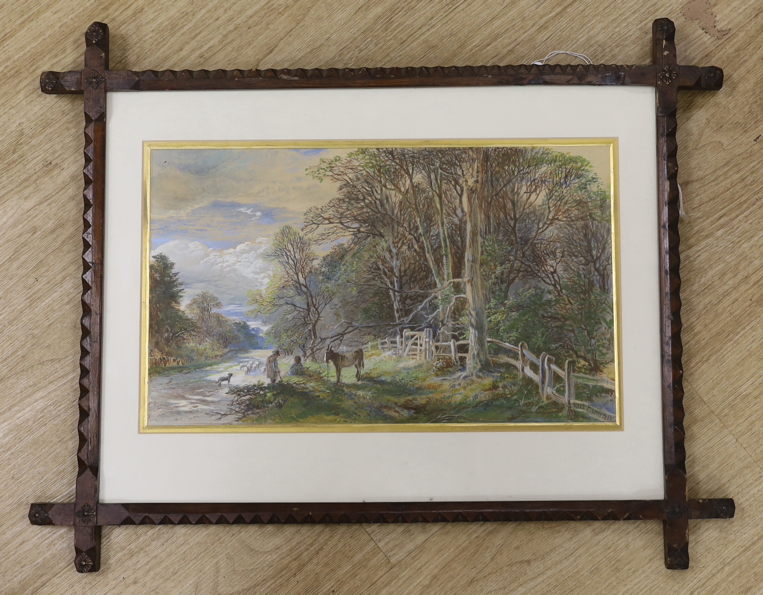 Read Turner (19th century) heightened watercolour, Pathway with shepherd and sheep, signed and dated 1866, housed in a carved wood frame, 41 x 24cm